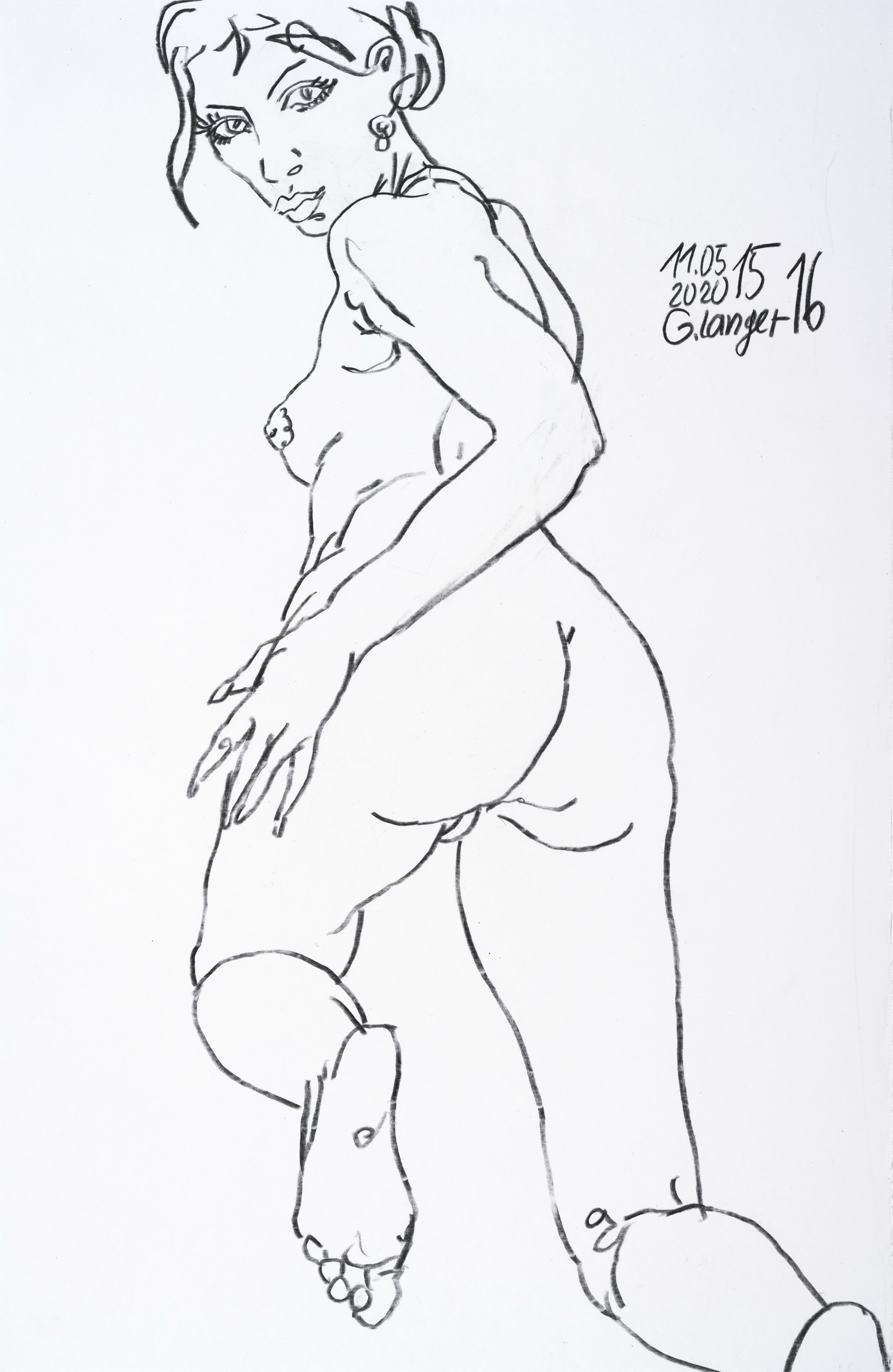 Gunter Langer, Kniender Mädchenakt, 2020, Zeichnung, Bristol, 50 x 33 cm
